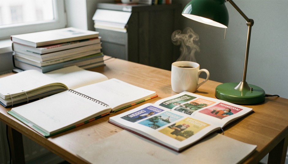 Tavolo di redazione con quaderni aperti, prove di stampa a colori di copertine e una tazza fumante accanto a una lampada verde