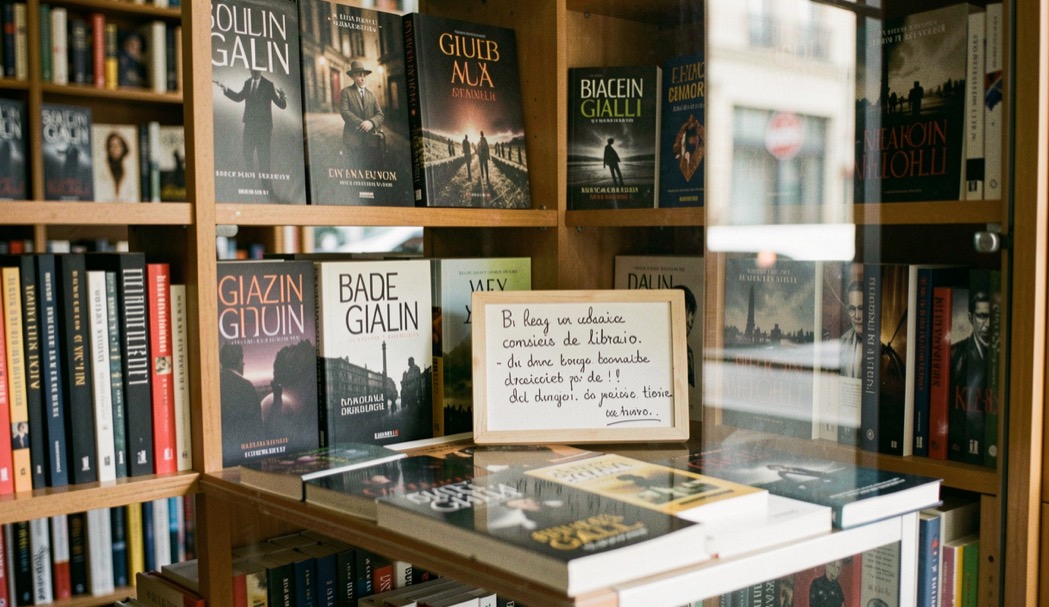 Vetrina di libreria dedicata ai gialli con copertine scure e una piccola lavagna scritta a mano con i consigli del libraio