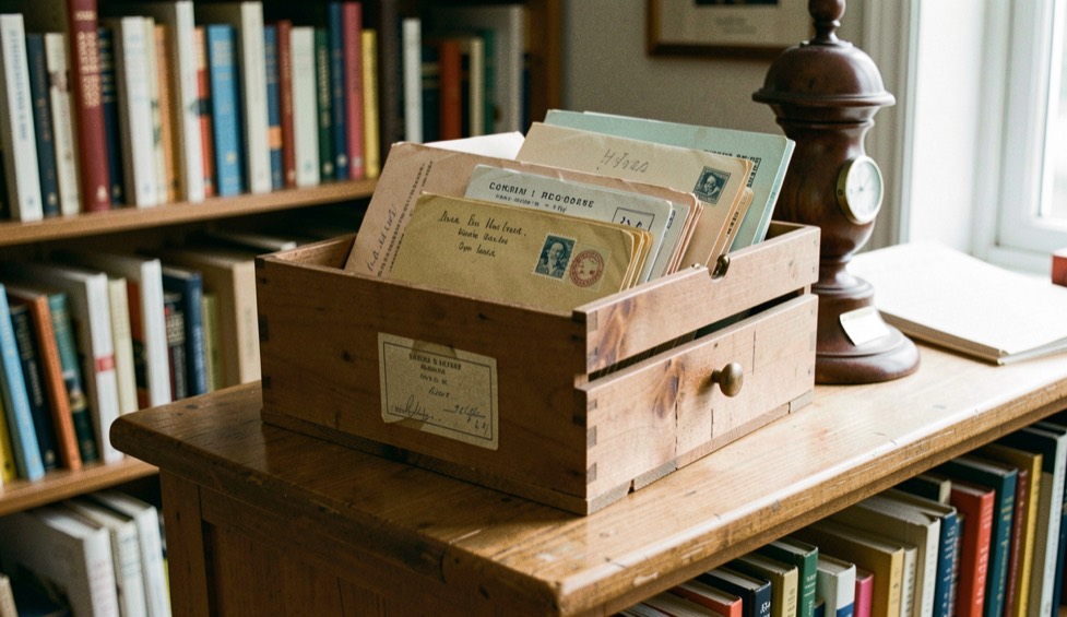 Cassetta di legno per la posta con lettere e buste grosse appoggiate su un banco di libreria accanto a un campanello da banco