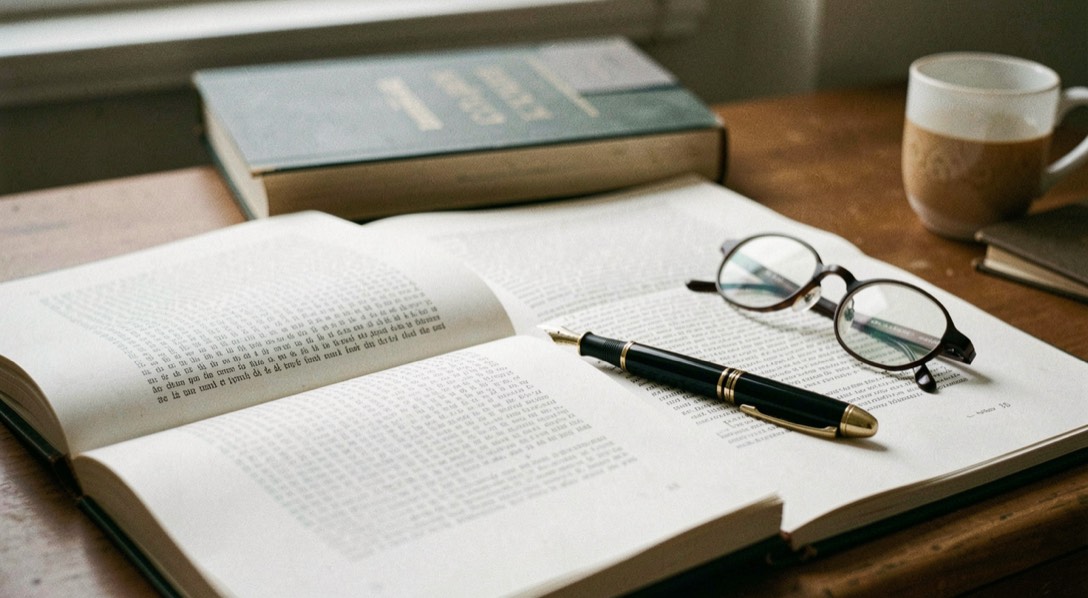 Contratto editoriale aperto su una scrivania con una penna stilografica, gli occhiali e un’opera classica della giurisprudenza sullo sfondo