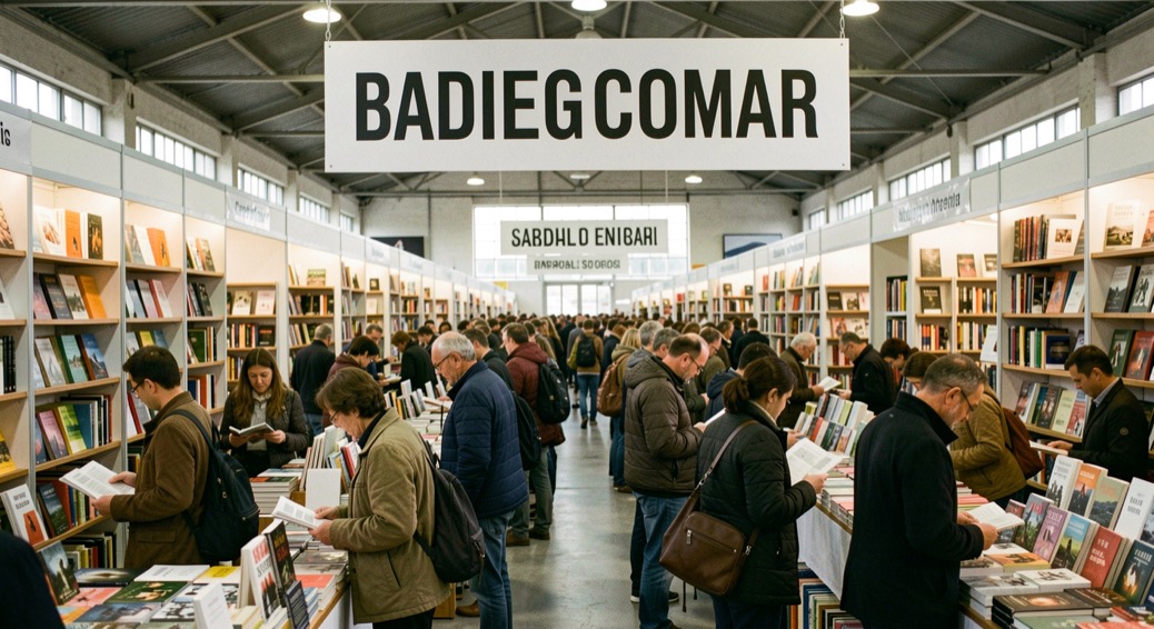 Padiglione di fiera del libro affollato con banchi di case editrici e visitatori che sfogliano novità sotto una grande insegna
