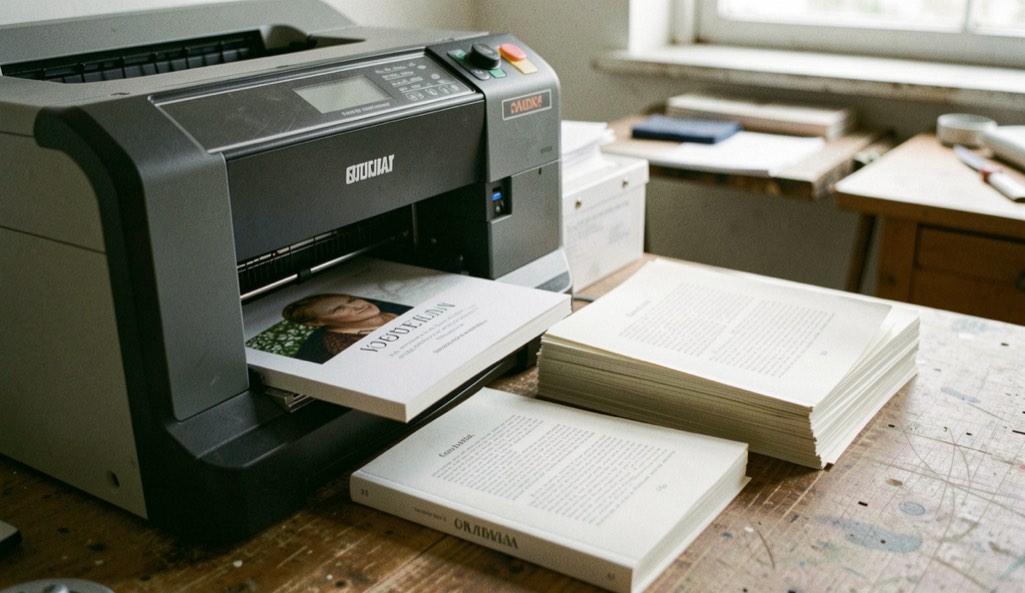 Macchina da stampa digitale che produce copie singole di un libro accanto a un fascio di fogli appena tagliati