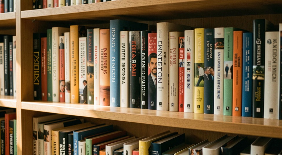 Scaffale di libreria con copertine di gialli e narrativa disposte a frontale sotto una luce calda di lettura