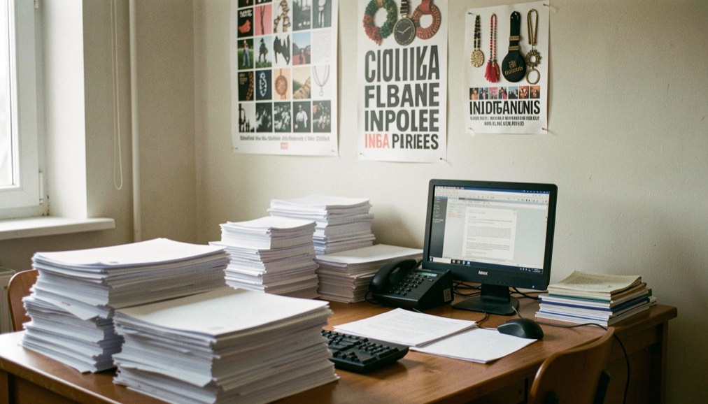 Piccola redazione editoriale con pile di bozze stampate, un computer acceso e poster di collane indipendenti appesi alla parete