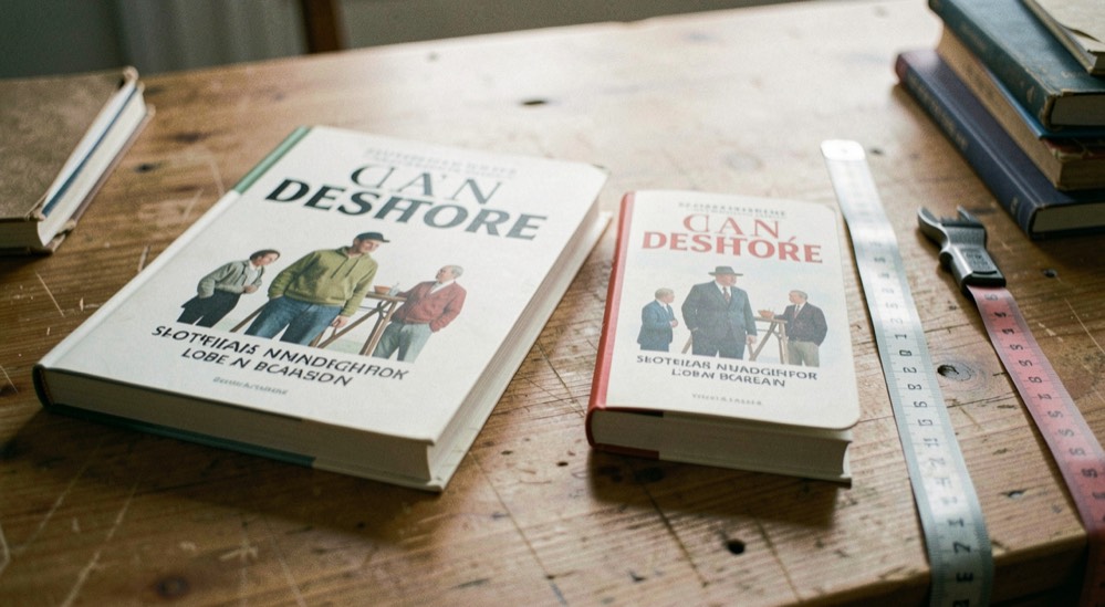 Due edizioni dello stesso libro affiancate su un banco, una in brossura grande e una tascabile economica, con un metro da sarto in fibre