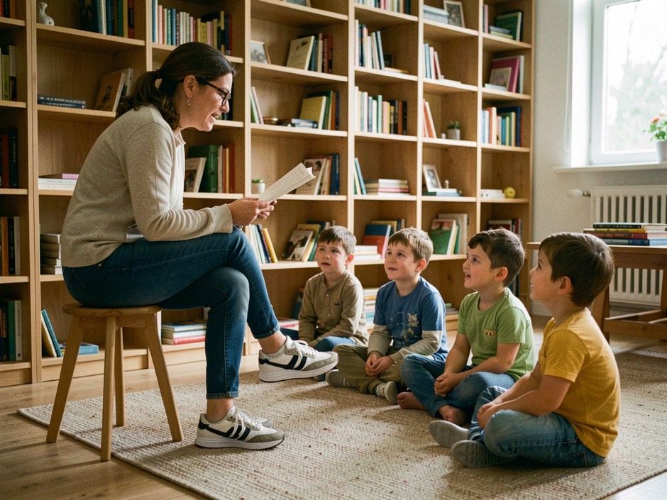 Libraia adulta con gli occhiali e le scarpe da ginnastica, seduta su uno sgabello basso, legge ad alta voce a quattro bambini seduti su un tappeto tra scaffali di legno, con magliette di colori diversi, vista di lato
