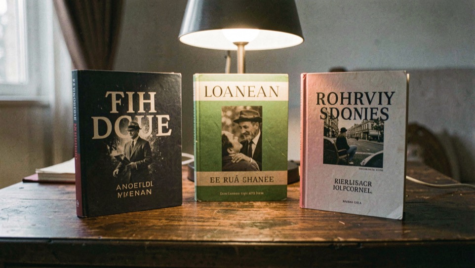 Tre libri affiancati su un tavolo di legno scuro con copertine di colore diverso e una lampada da lettura accesa al centro