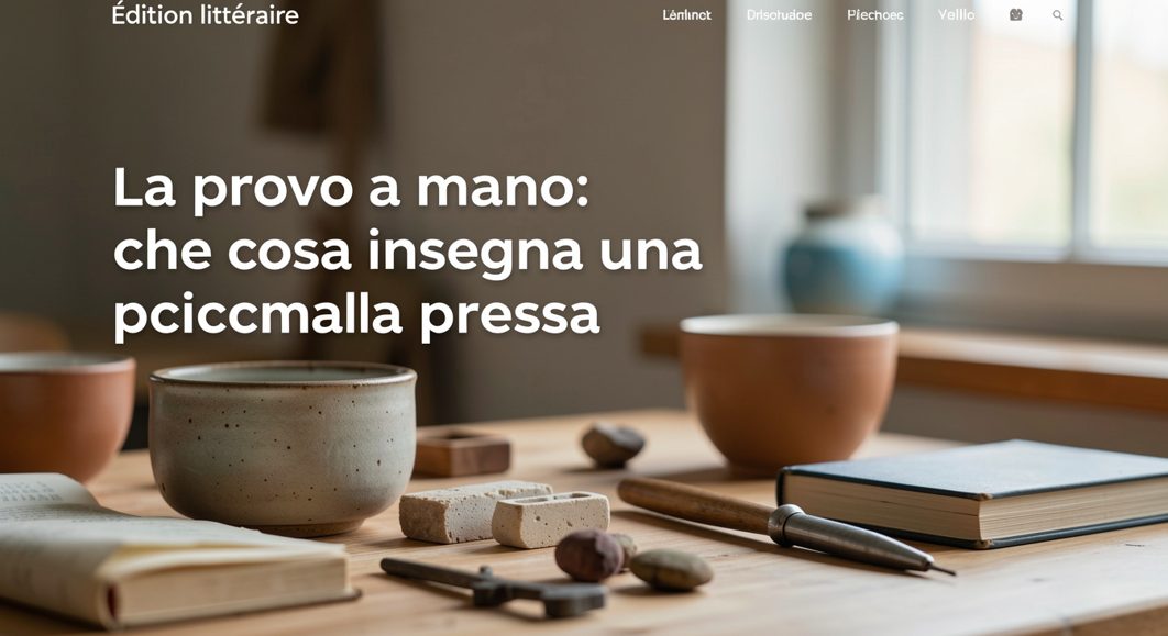 Torchio tipografico a mano su un banco di laboratorio con un foglio di prova appena tirato e il rullo inchiostratore accanto
