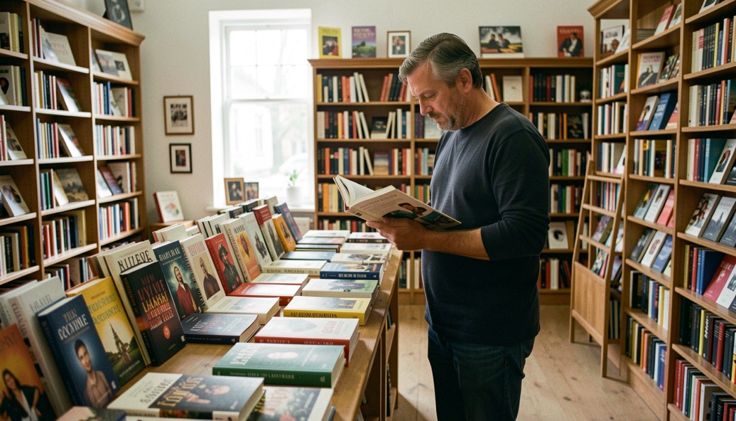 Lettore che sfoglia un libro in piedi davanti a un tavolo di presentazione pieno di novità in una libreria luminosa