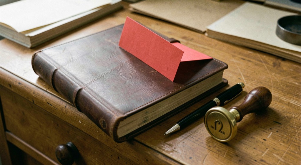 Registro rilegato in pelle con un segnalibro rosso aperto su un banco di legno, accanto a una penna e a un sigillo per lettere